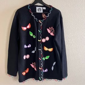 Storybook Knits Vintage Eyewear Embroidered and Pearl Embellish Sweater Large